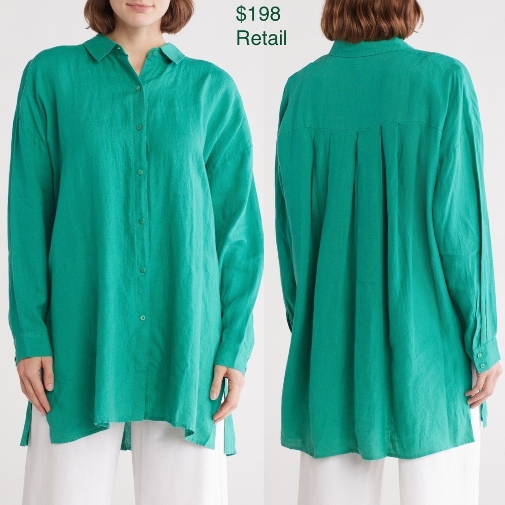 EILEEN FISHER Organic Linen Button-Up Tunic Shirt XS Green Oversized Lagenlook